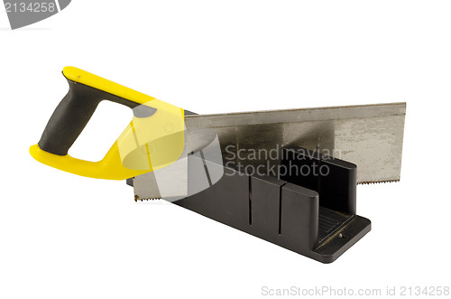 Image of plastic saw angle cut miter box tool on white 