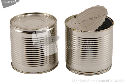 Image of pair open used silver metal cans isolated white 