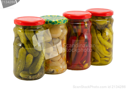 Image of mushroom peppers cucumbers canned glass jar pot 