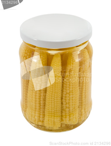Image of glass jar preserved ecological corn ears isolated 