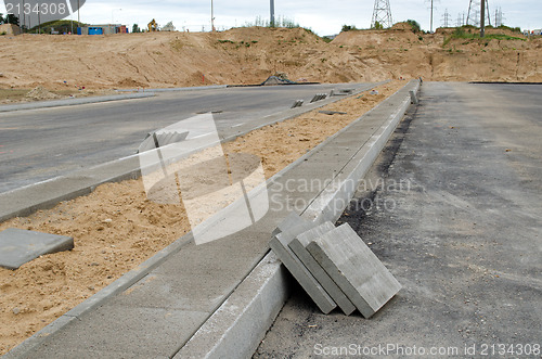 Image of highway road construction. pavement tiles sidewalk 