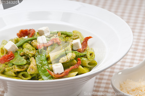 Image of Italian penne pasta with sundried tomato and basil
