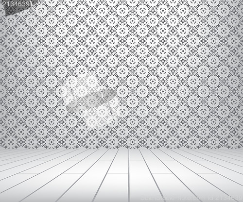 Image of White room with pattern wall and wooden floor