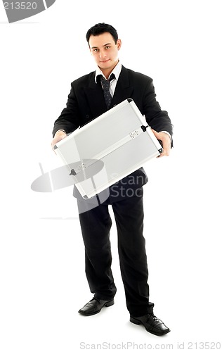 Image of businessman showing metal container