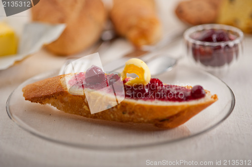 Image of bread butter and jam 