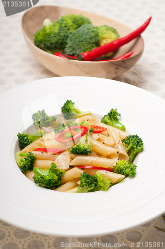 Image of Italian penne pasta with broccoli and chili pepper