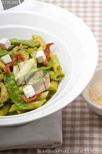 Image of Italian penne pasta with sundried tomato and basil