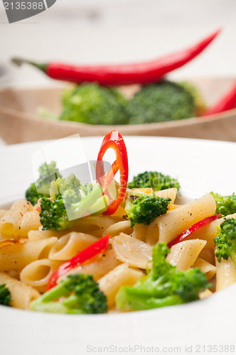Image of Italian penne pasta with broccoli and chili pepper