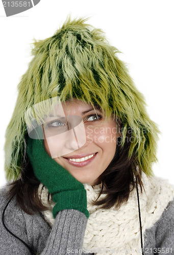 Image of Woman in fur cap, gloves and scarf 