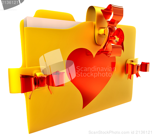 Image of golden folder with red bow and heart