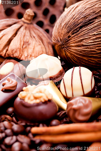 Image of collection of different chocolate pralines truffels 