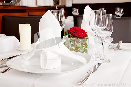 Image of tables in restaurant decoration tableware empty dishware