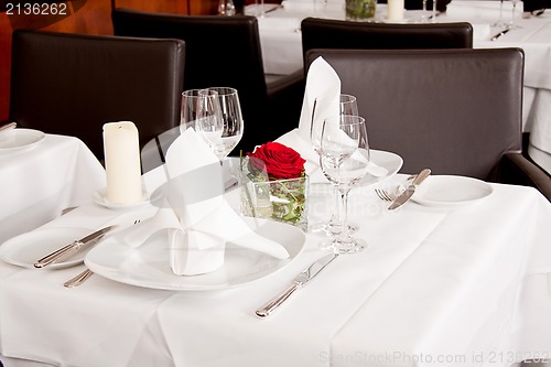 Image of tables in restaurant decoration tableware empty dishware