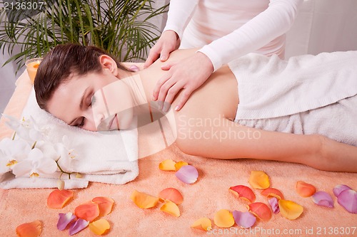 Image of young attractive smilig woman doing wellness spa