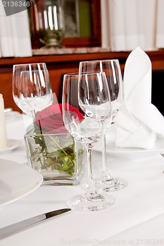 Image of tables in restaurant decoration tableware empty dishware