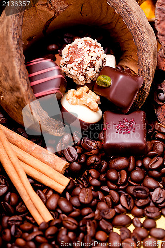 Image of collection of different chocolate pralines truffels 