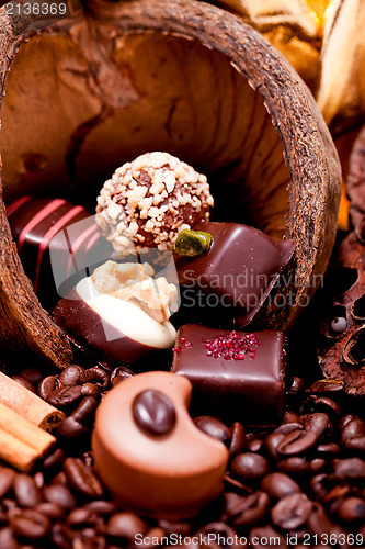 Image of collection of different chocolate pralines truffels 