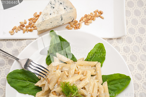 Image of Italian pasta penne gorgonzola and pine nuts
