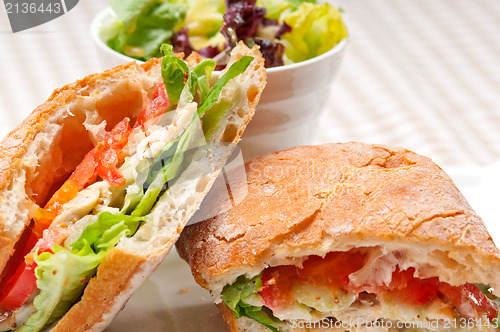 Image of ciabatta panini sandwich with chicken and tomato