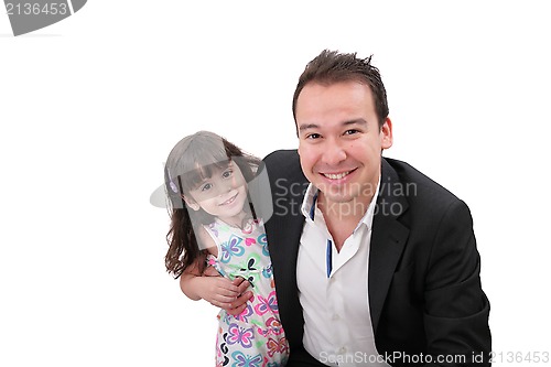 Image of father and young daughter. Isolated on white background.  Focus 