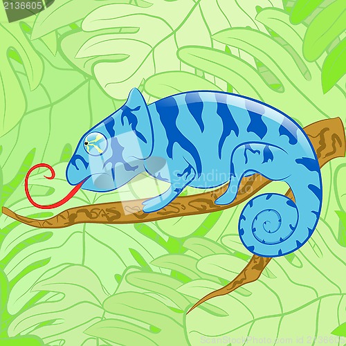 Image of Chameleon on a branch against leaves, vector illustration