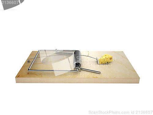 Image of Block of cheese in mousetrap, isolated on white background.