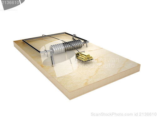 Image of Mousetrap and gold ingots.  Isolated on white background.