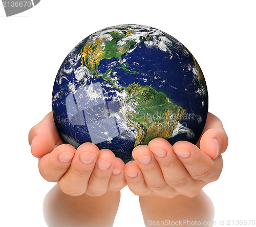 Image of Woman holding globe on her hands, South and North America