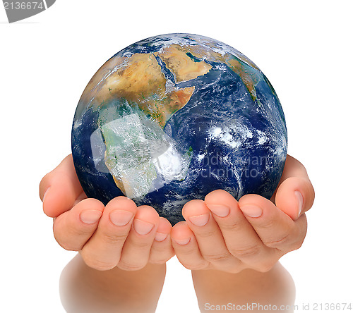 Image of Hands of woman holding globe, Africa and Near East