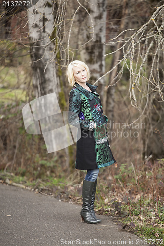 Image of Blonde Woman in Very Colorful Winter Coat