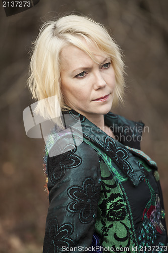 Image of Blonde Woman in Very Colorful Winter Coat