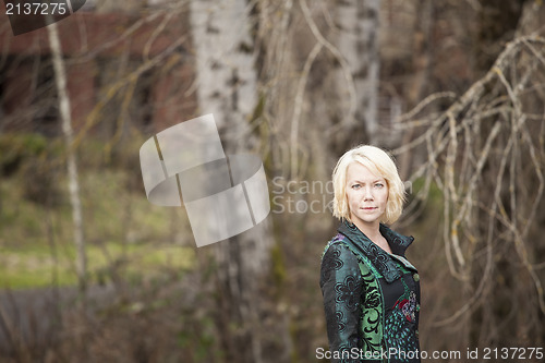 Image of Blonde Woman in Very Colorful Winter Coat