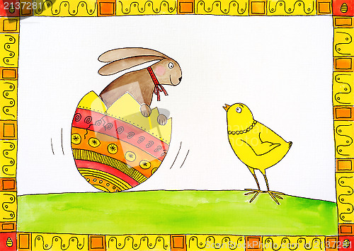 Image of Easter card, child's drawing, watercolor painting on canvas paper