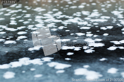 Image of Frozen river with ice and sun reflection. Selective focus.