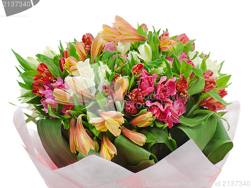 Image of colorful flower bouquet arrangement centerpiece isolated on whit