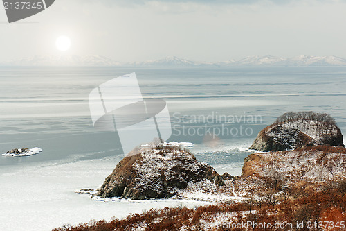 Image of Beautiful scenic view of coast Japanese sea in winter.