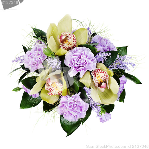 Image of colorful floral bouquet of roses,cloves and orchids isolated on 