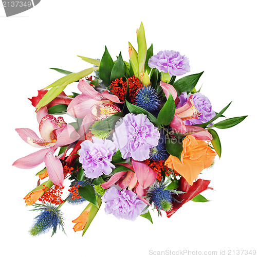 Image of colorful floral bouquet from roses,cloves and orchids isolated o