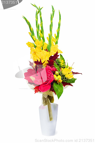 Image of Bouquet from gladioluses arrangement centerpiece in vase isolate