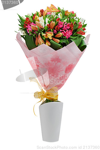 Image of colorful flower bouquet arrangement centerpiece in vase isolated