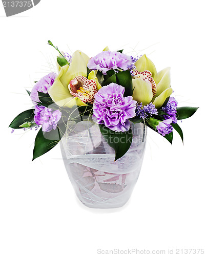 Image of colorful floral bouquet of roses,cloves and orchids arrangement 