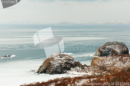 Image of Beautiful scenic view of coast Japanese sea in winter.