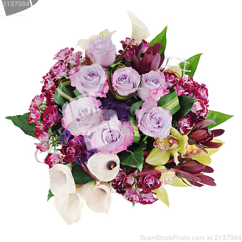 Image of floral bouquet from roses, lilies and orchids isolated on white 