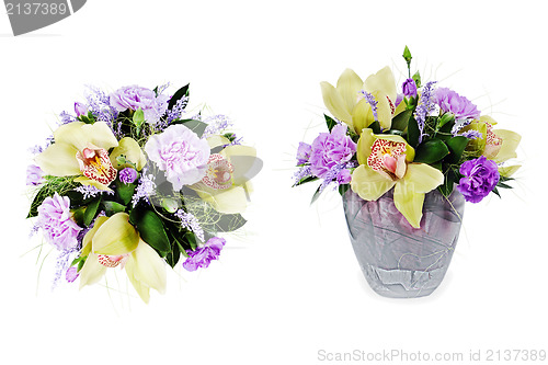 Image of colorful floral bouquet of roses,cloves and orchids isolated on 