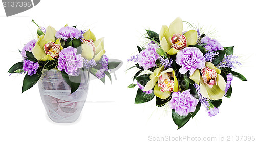 Image of colorful floral bouquet of roses,cloves and orchids isolated on 