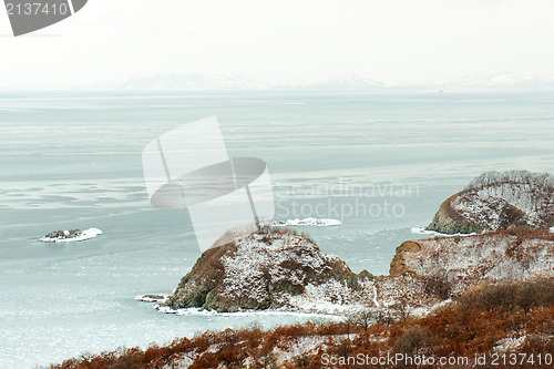 Image of Beautiful scenic view of coast Japanese sea in winter.