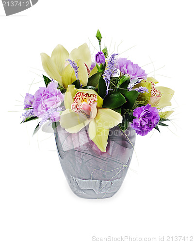 Image of colorful floral bouquet of roses,cloves and orchids arrangement 