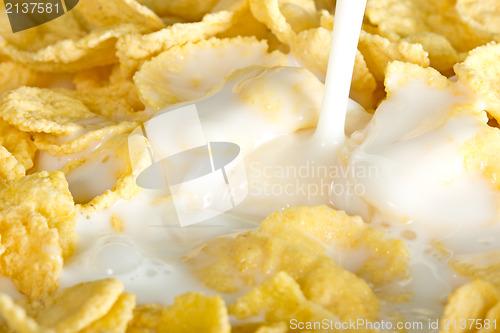 Image of milk pouring on a cornflakes