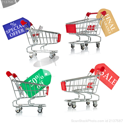 Image of shopping carts with  tags of discount and sale