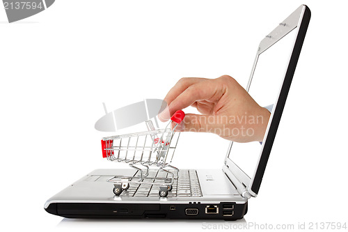 Image of laptop and hand with shopping cart